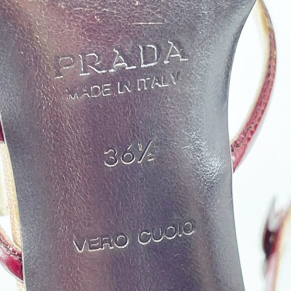 Prada Vintage S/S 1997 Beige Burgundy Leaf Detail Block Heel Sandal size IT 36.5 - Picture 13 of 13